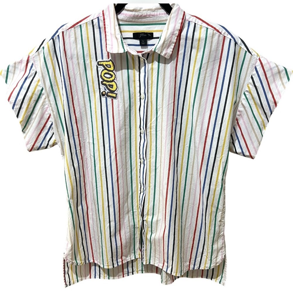 J. Crew Colorful Striped Short Sleeve Button Down Shirt Retro SZ L EUC
